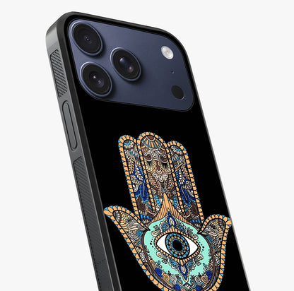Mystic Hamsa Eye Glass Case captured at a warm angle highlighting gloss, texture and premium glass finish.