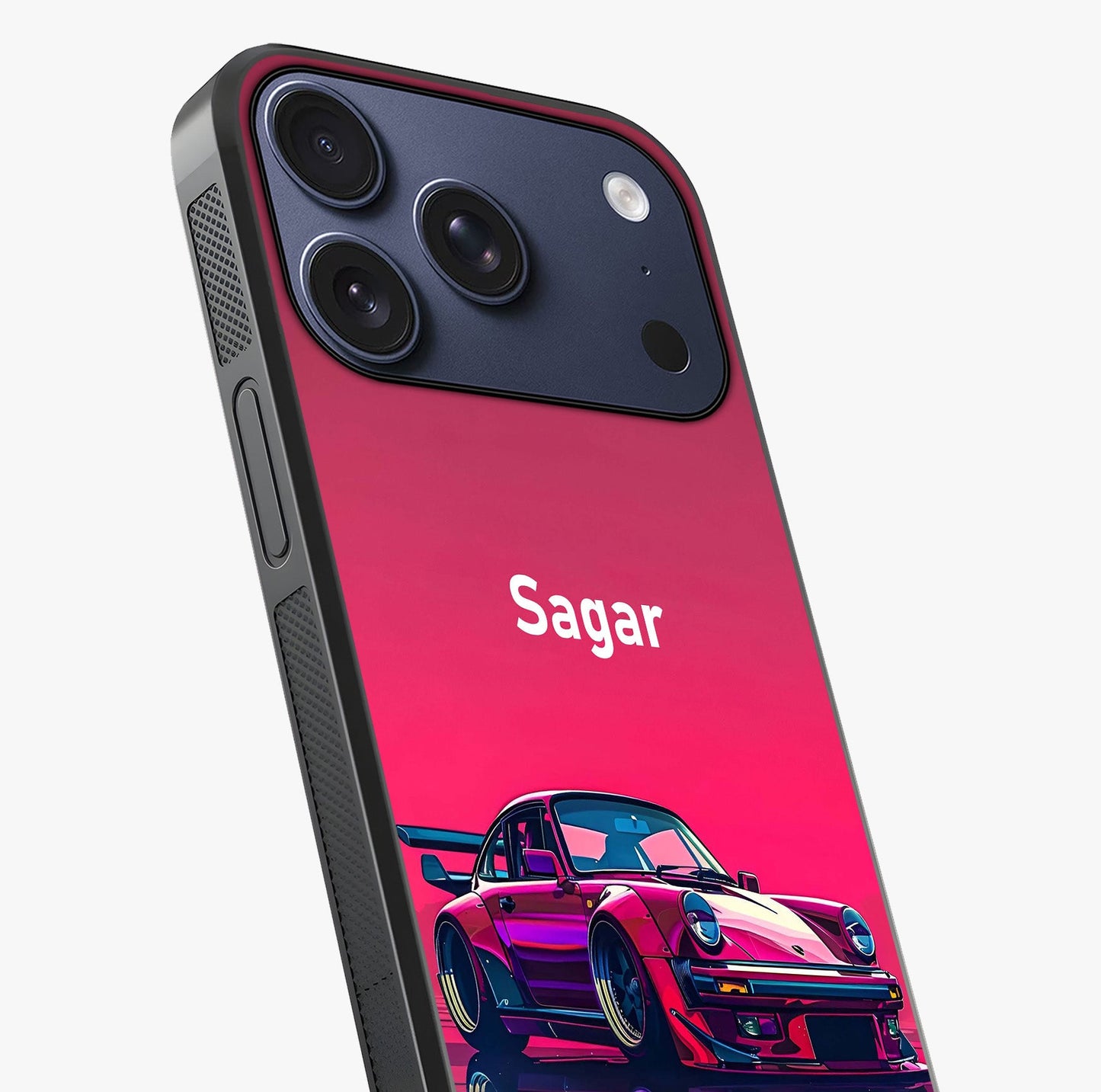 Neon Pink Porsche Glass Case captured at a warm angle highlighting gloss, texture and premium glass finish.