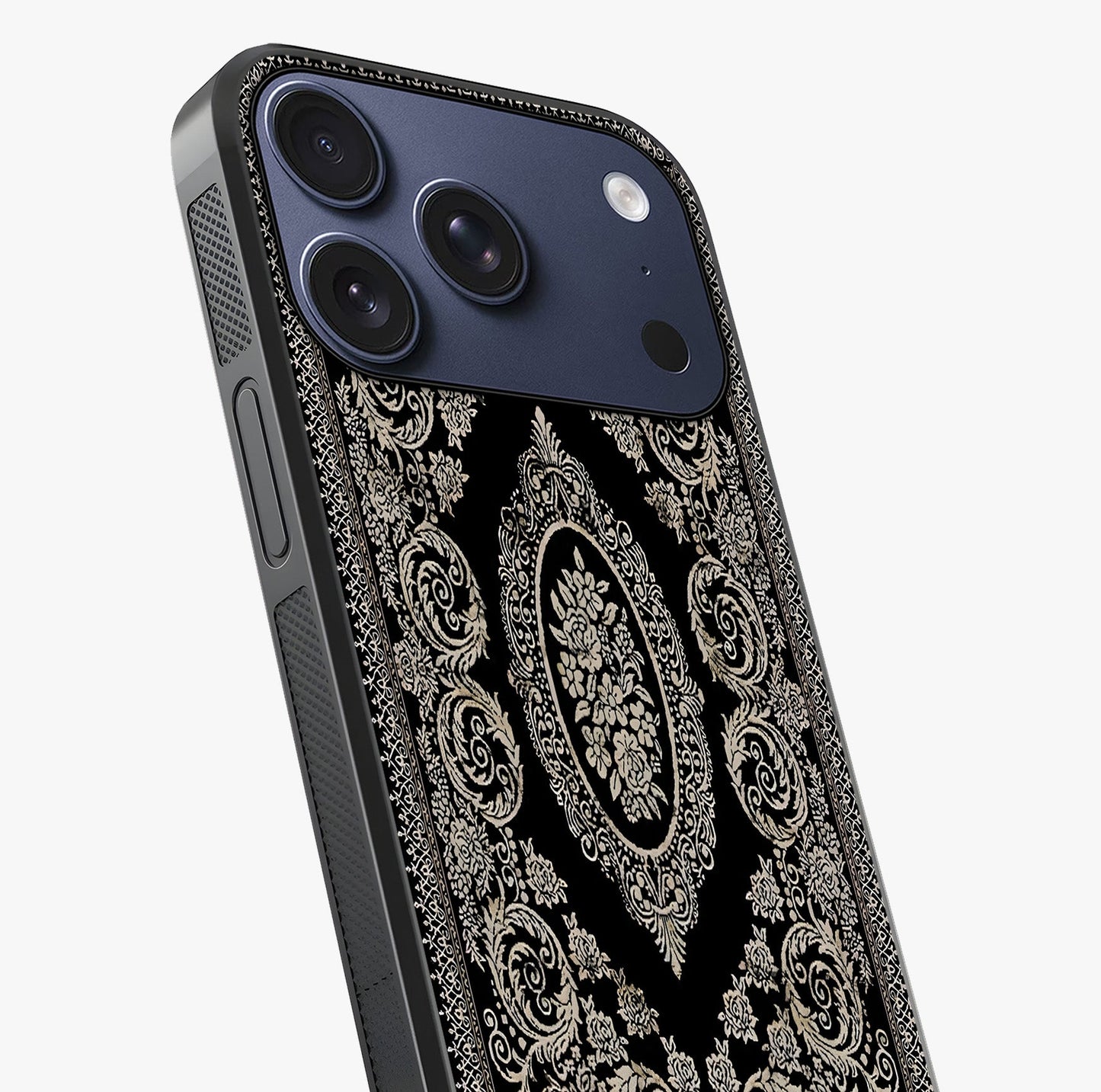 Noir Bloom Elegance Glass Case captured at a warm angle highlighting gloss, texture and premium glass finish.