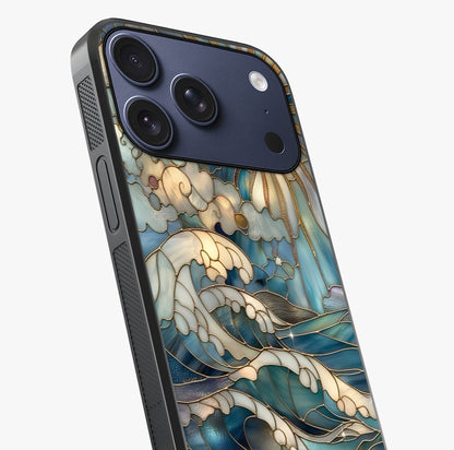 Oceanic Stained Printed Glass Case captured at a warm angle highlighting gloss, texture and premium glass finish.