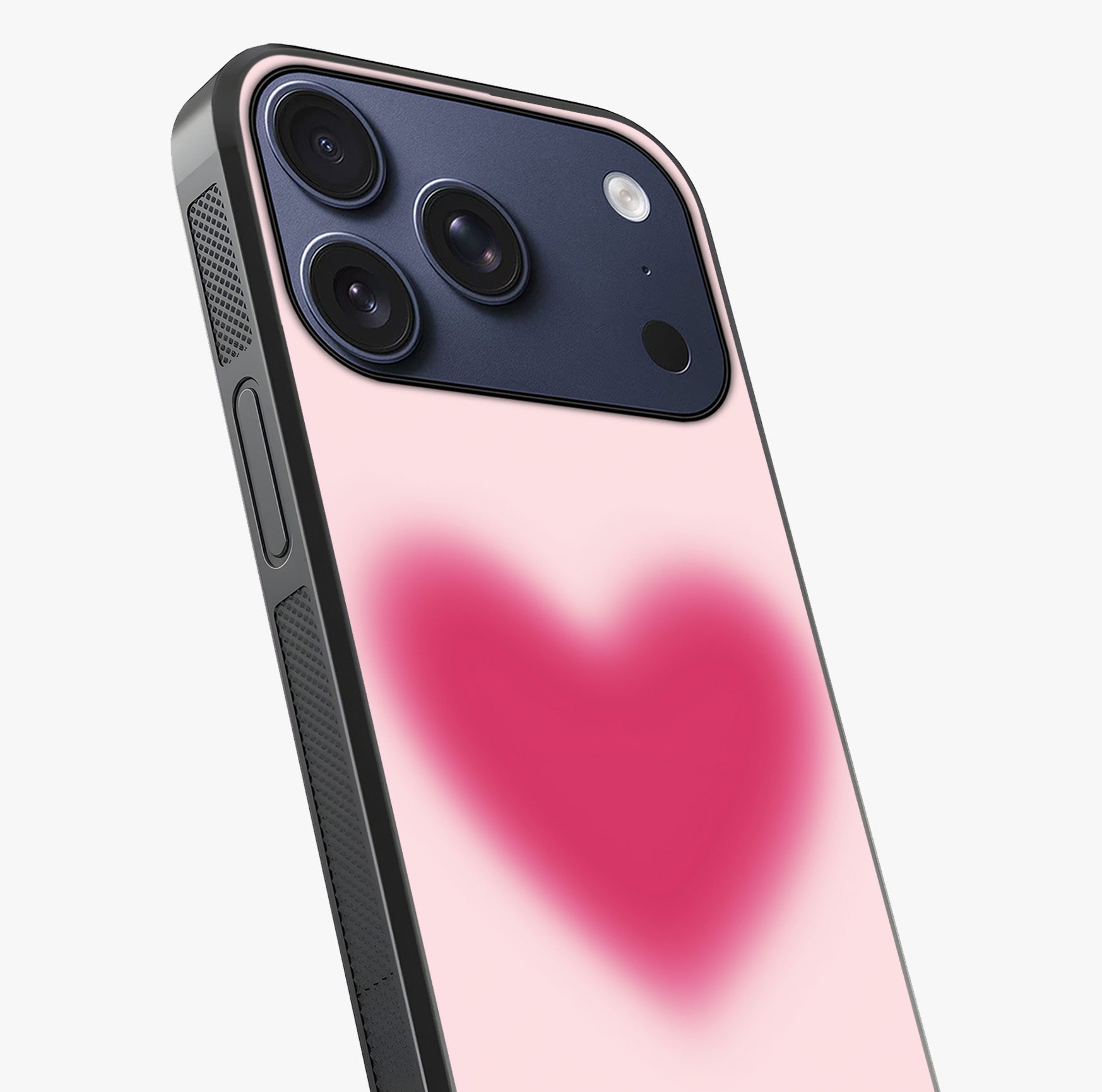 Pink Aura Heart Glass Case captured at a warm angle highlighting gloss, texture and premium glass finish.
