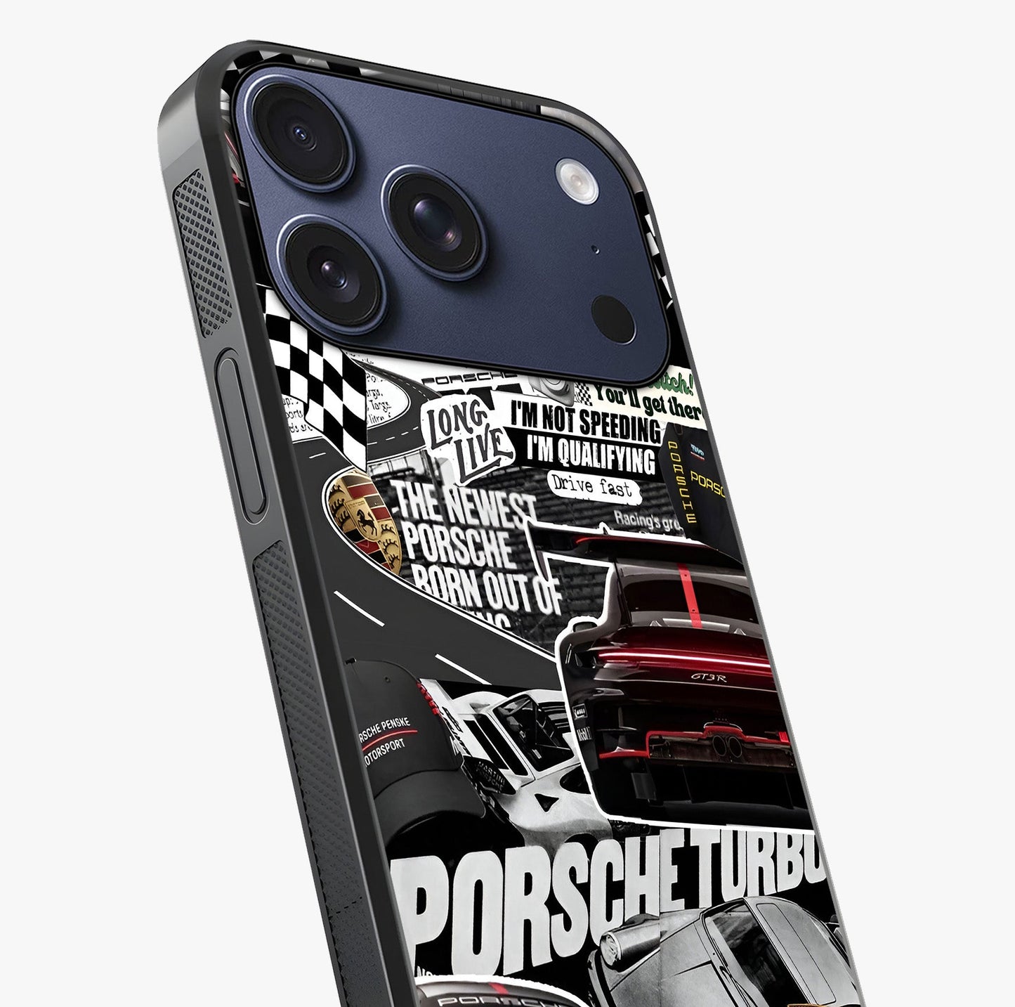 Porsche Racing Collage Glass Case captured at a warm angle highlighting gloss, texture and premium glass finish.