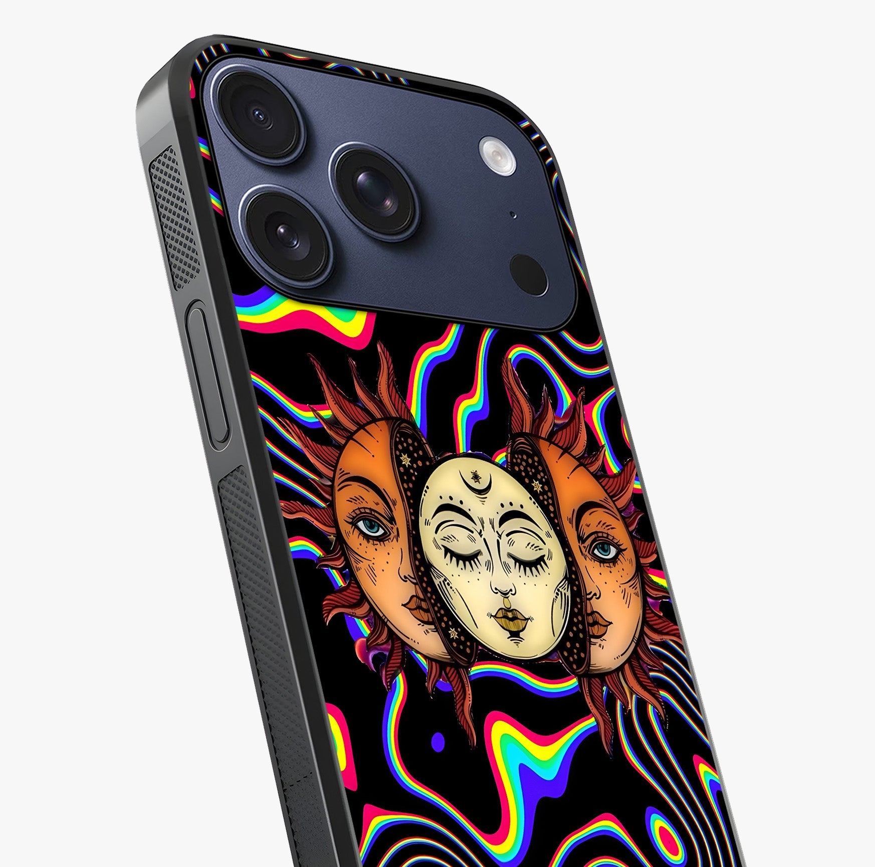 Psychedelic Sun Glass Case captured at a warm angle highlighting gloss, texture and premium glass finish.