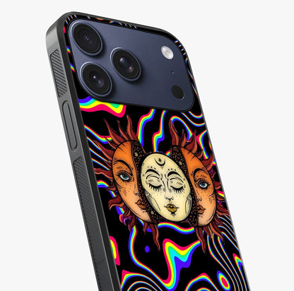 Psychedelic Sun Glass Case captured at a warm angle highlighting gloss, texture and premium glass finish.