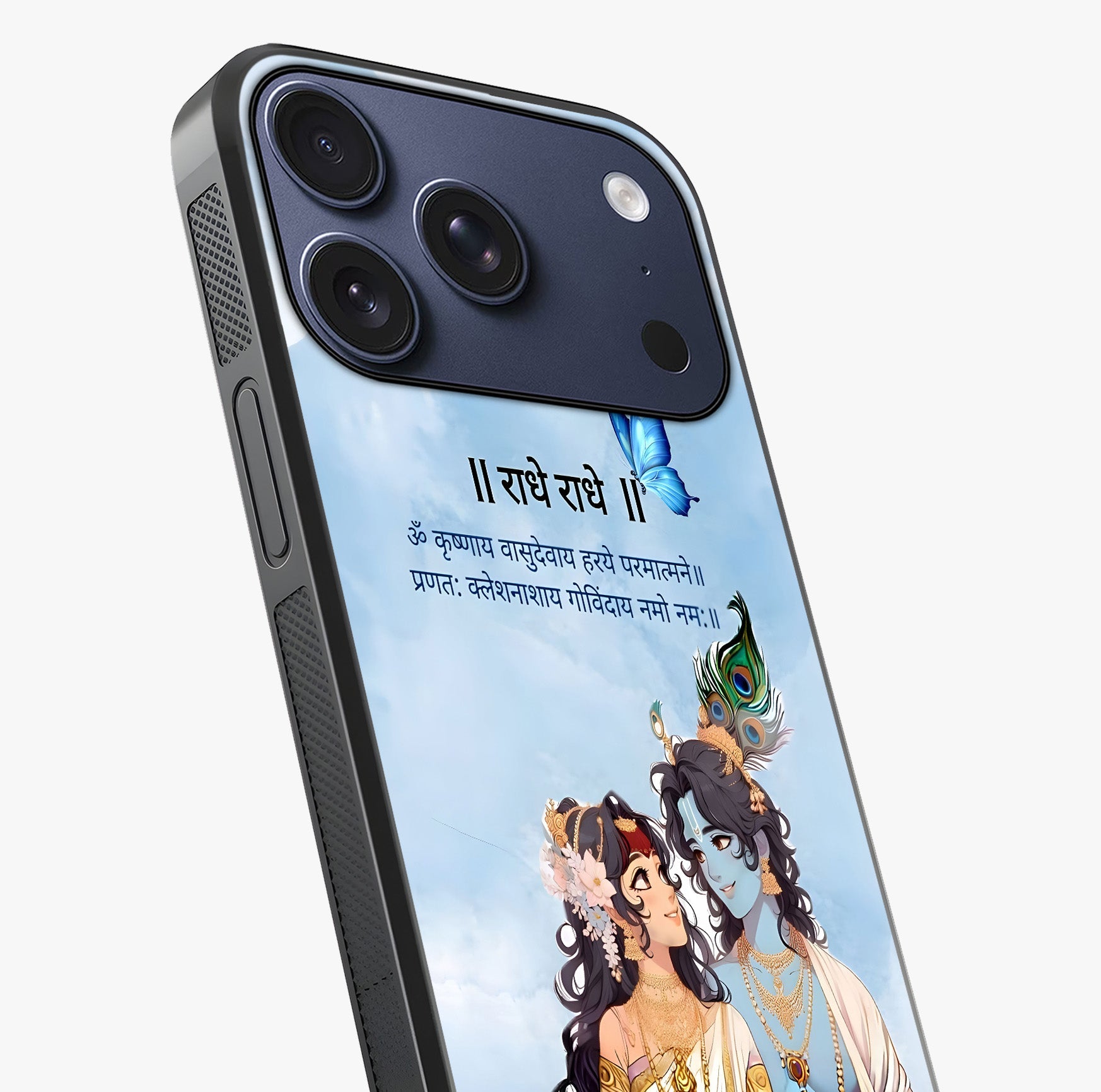Radha Krishna Eternal Glass Case captured at a warm angle highlighting gloss, texture and premium glass finish.