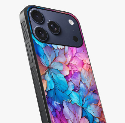 Radiant Floral Whirl Glass Case captured at a warm angle highlighting gloss, texture and premium glass finish.