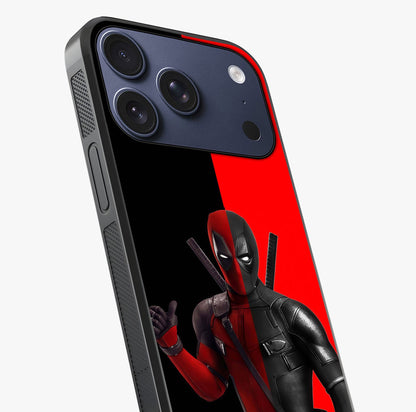 Red & Black Deadpool Theme Glass Case captured at a warm angle highlighting gloss, texture and premium glass finish.
