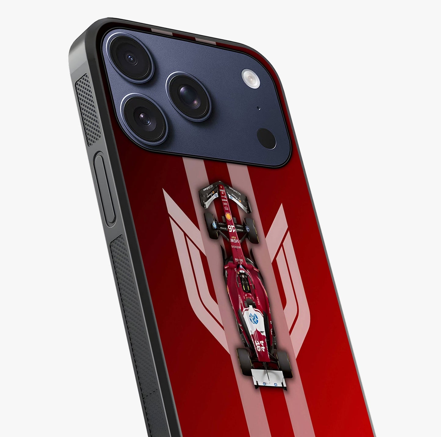 Red Ferrari F1 Vertical Glass Case captured at a warm angle highlighting gloss, texture and premium glass finish.