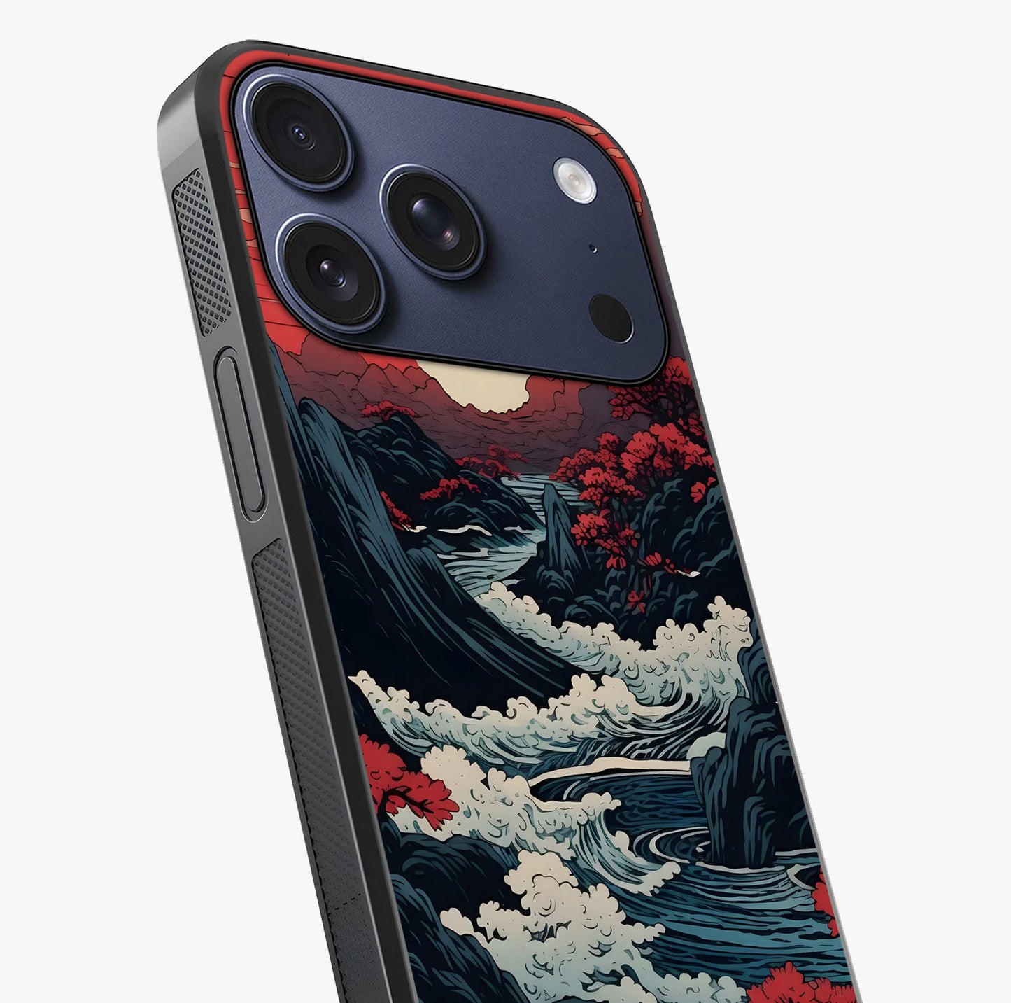 Red Sunset Scenery Glass Case captured at a warm angle highlighting gloss, texture and premium glass finish.