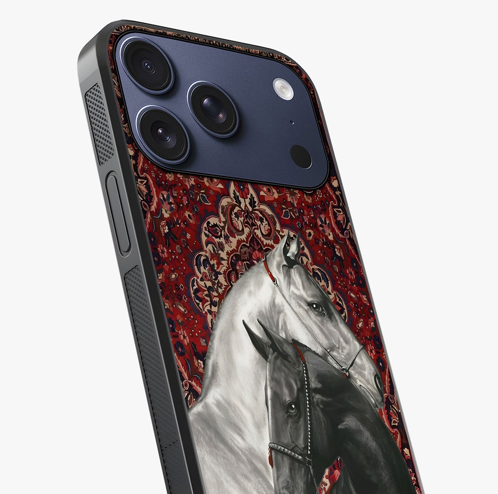 Regal Stallion Tapestry Glass Case captured at a warm angle highlighting gloss, texture and premium glass finish.
