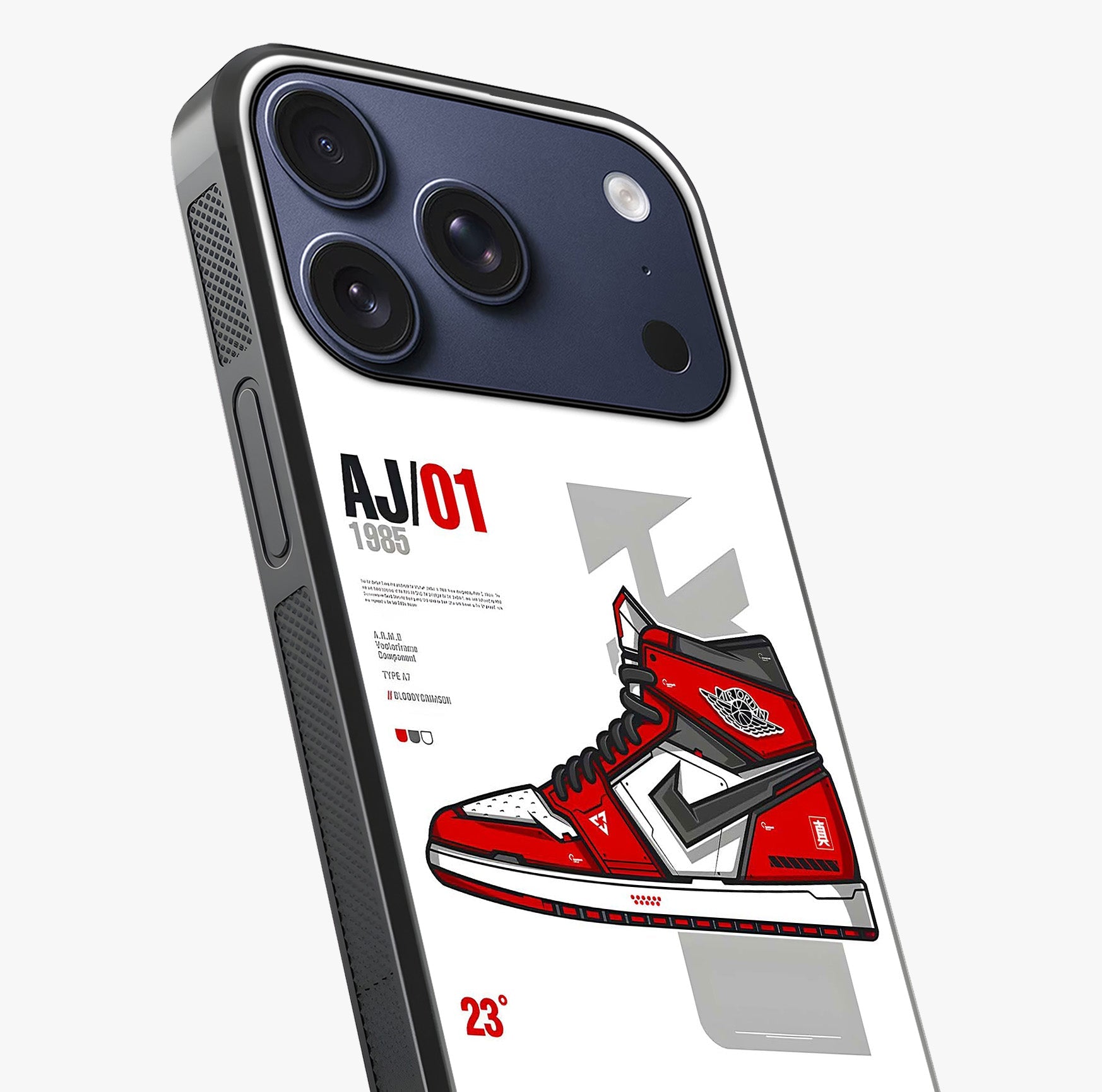 Retro Sneaker Blueprint Glass Case captured at a warm angle highlighting gloss, texture and premium glass finish.