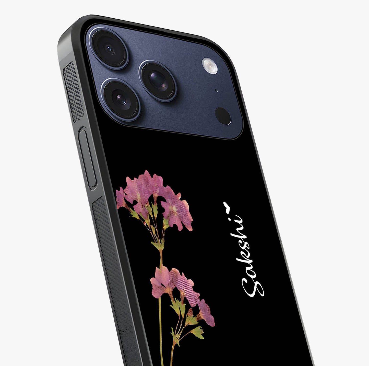 Riching Lavender Flower Custom Name Glass Case captured at a warm angle highlighting gloss, texture and premium glass finish.