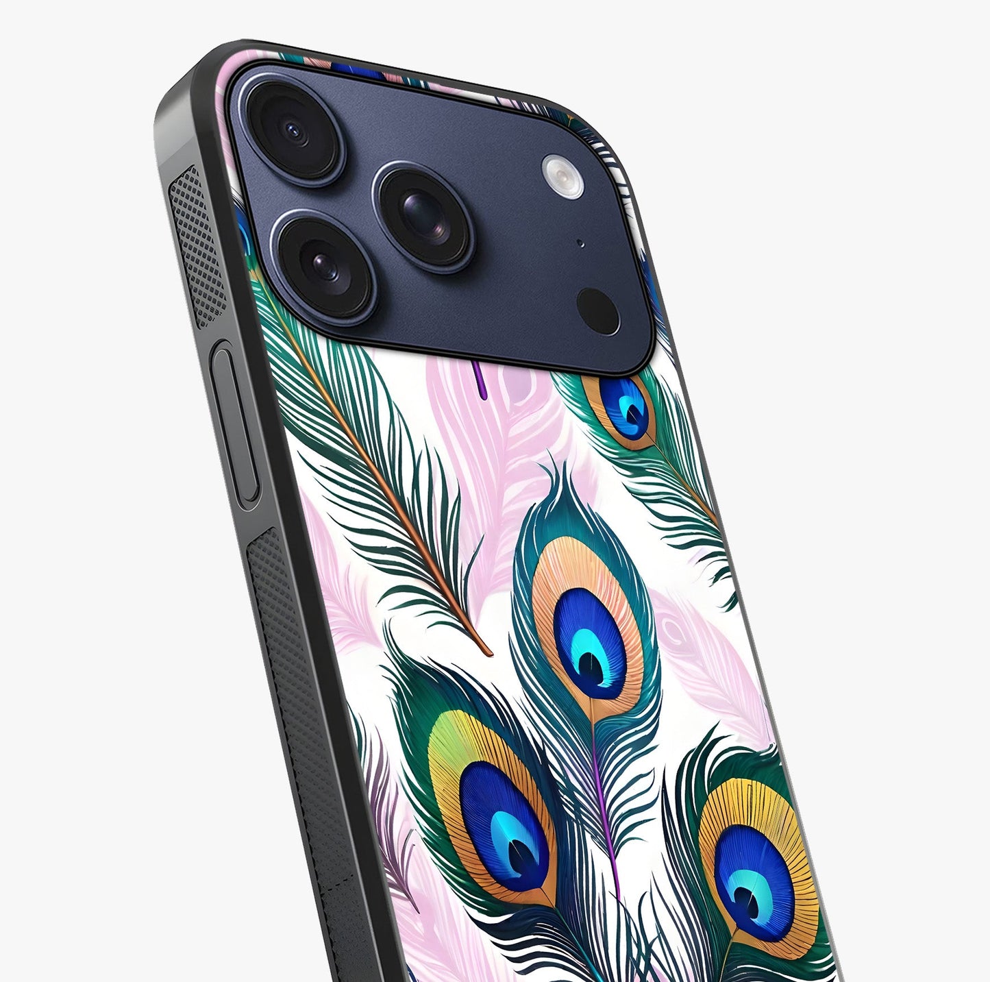 Royal Peacock Feathers Glass Case captured at a warm angle highlighting gloss, texture and premium glass finish.