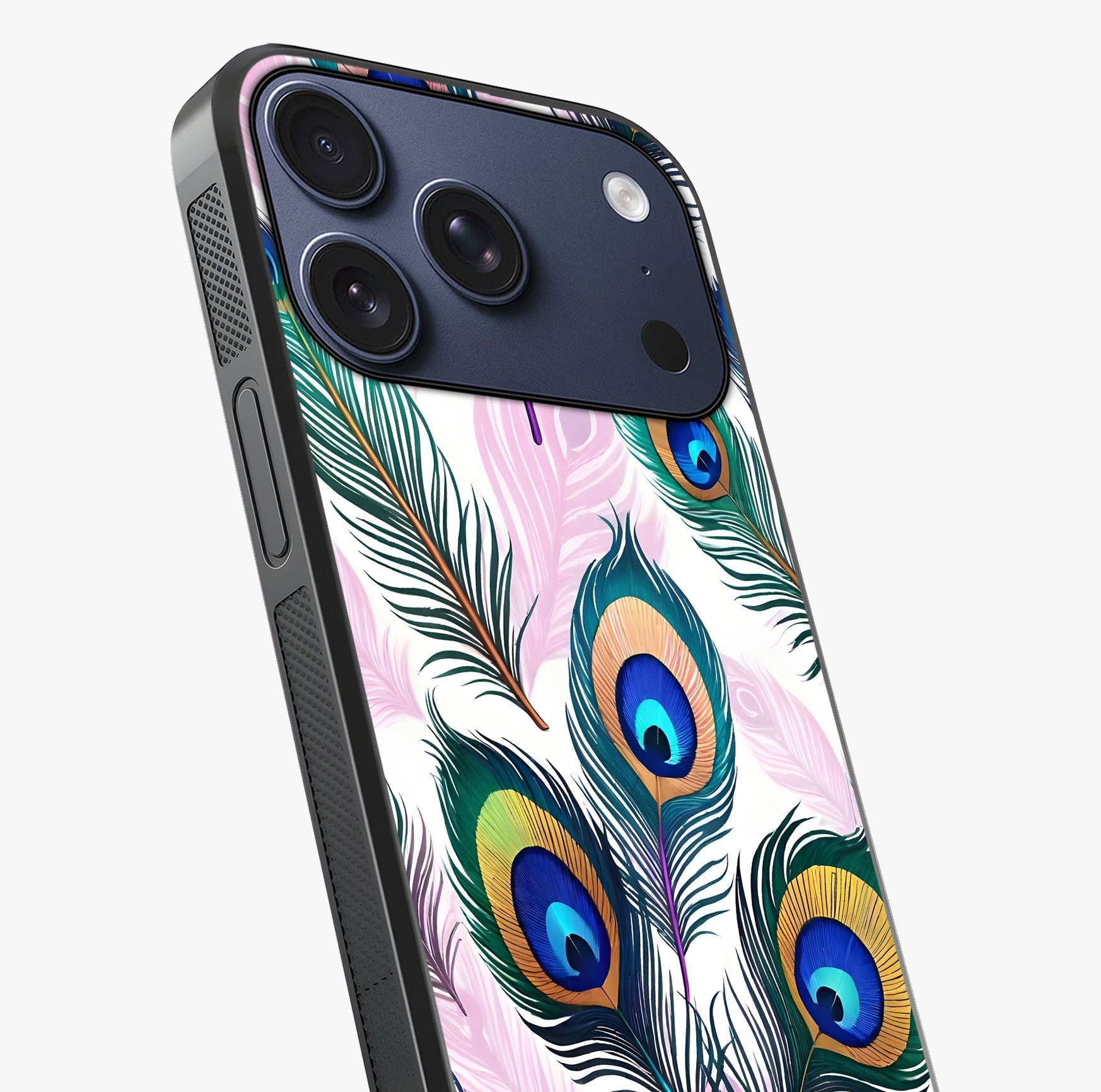 Royal Peacock Feathers Glass Case captured at a warm angle highlighting gloss, texture and premium glass finish.