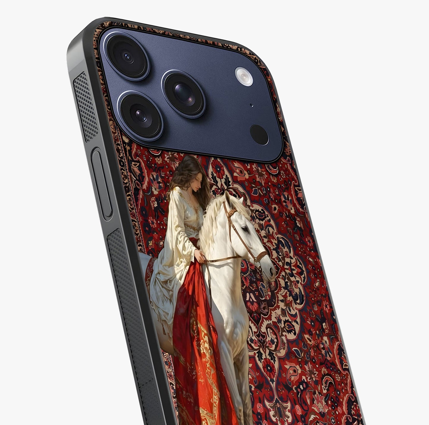 Royal Rider Tapestry Glass Case captured at a warm angle highlighting gloss, texture and premium glass finish.