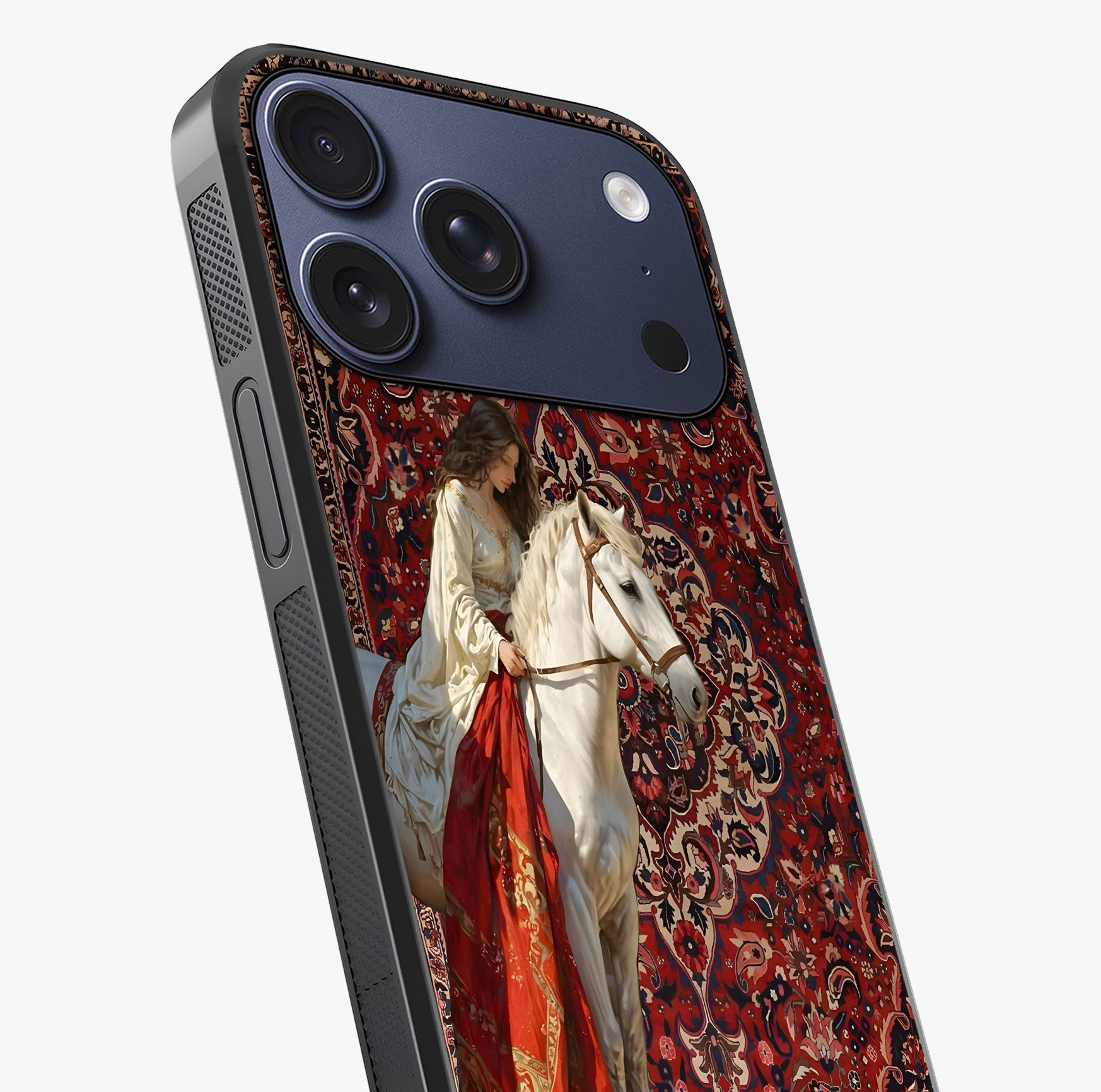 Royal Rider Tapestry Glass Case captured at a warm angle highlighting gloss, texture and premium glass finish.
