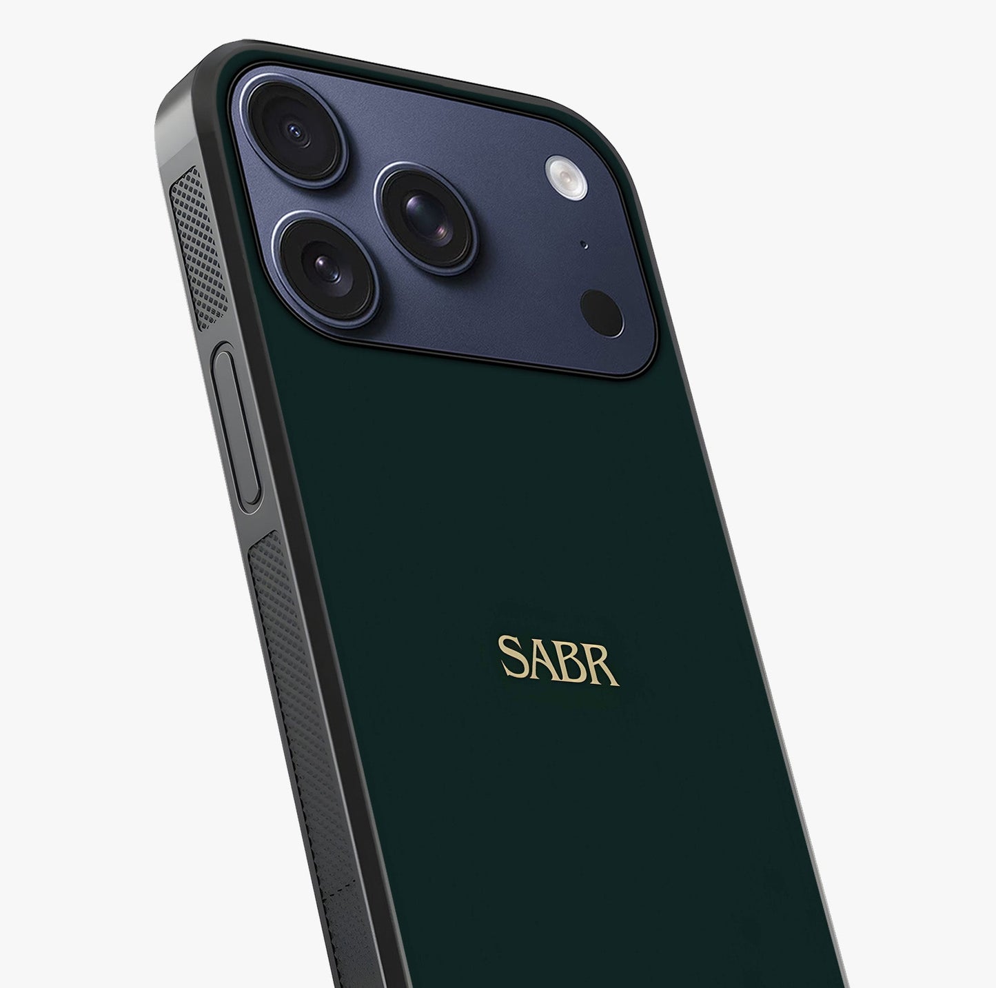 Sabr Minimal Patience Glass Case captured at a warm angle highlighting gloss, texture and premium glass finish.