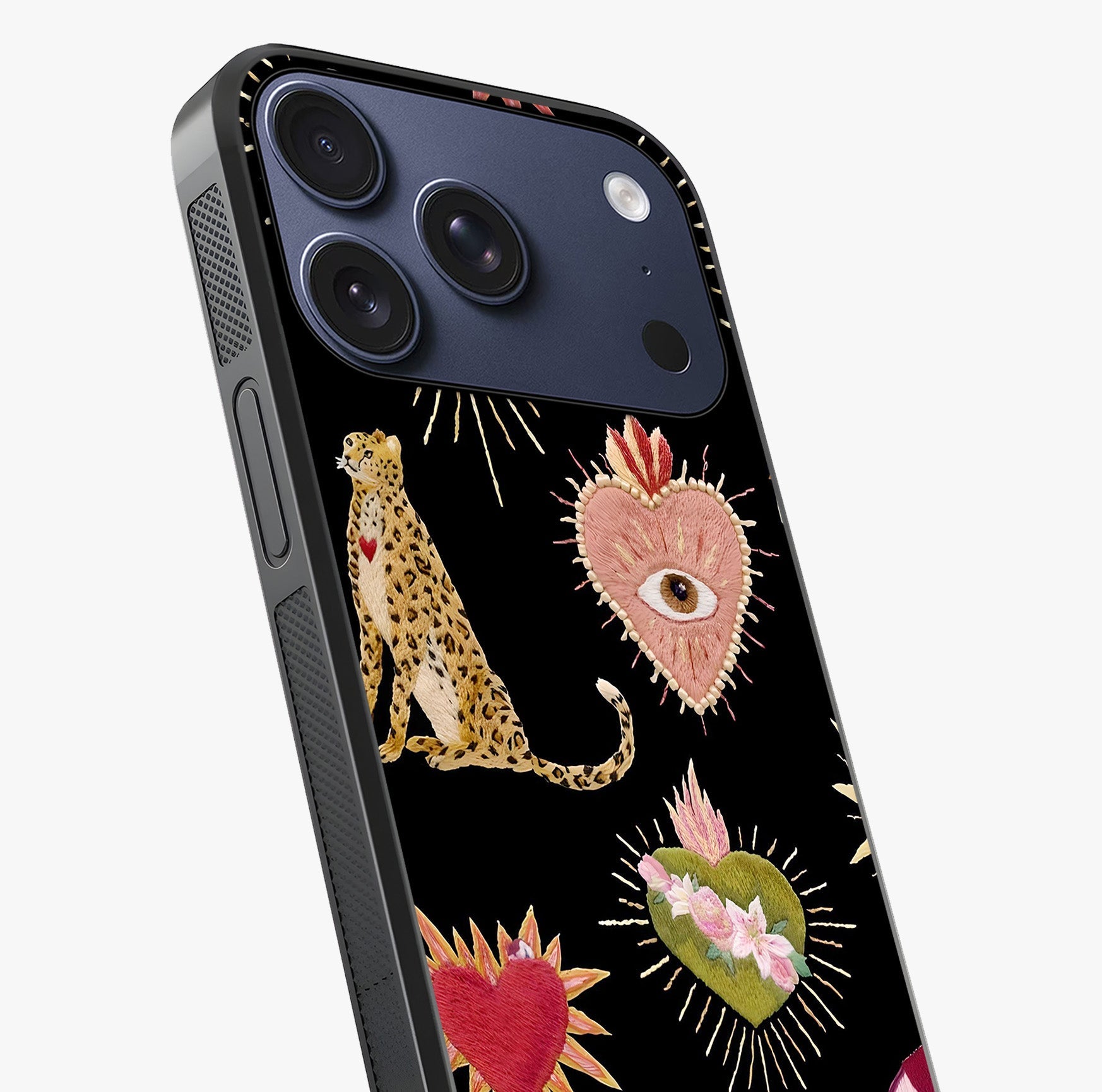 Sacred Jungle Heart Glass Case captured at a warm angle highlighting gloss, texture and premium glass finish.