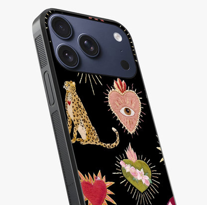 Sacred Jungle Heart Glass Case captured at a warm angle highlighting gloss, texture and premium glass finish.