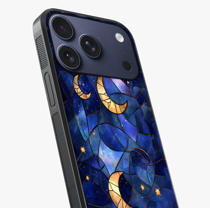 Starlit Sky Tapestry Glass Case captured at a warm angle highlighting gloss, texture and premium glass finish.