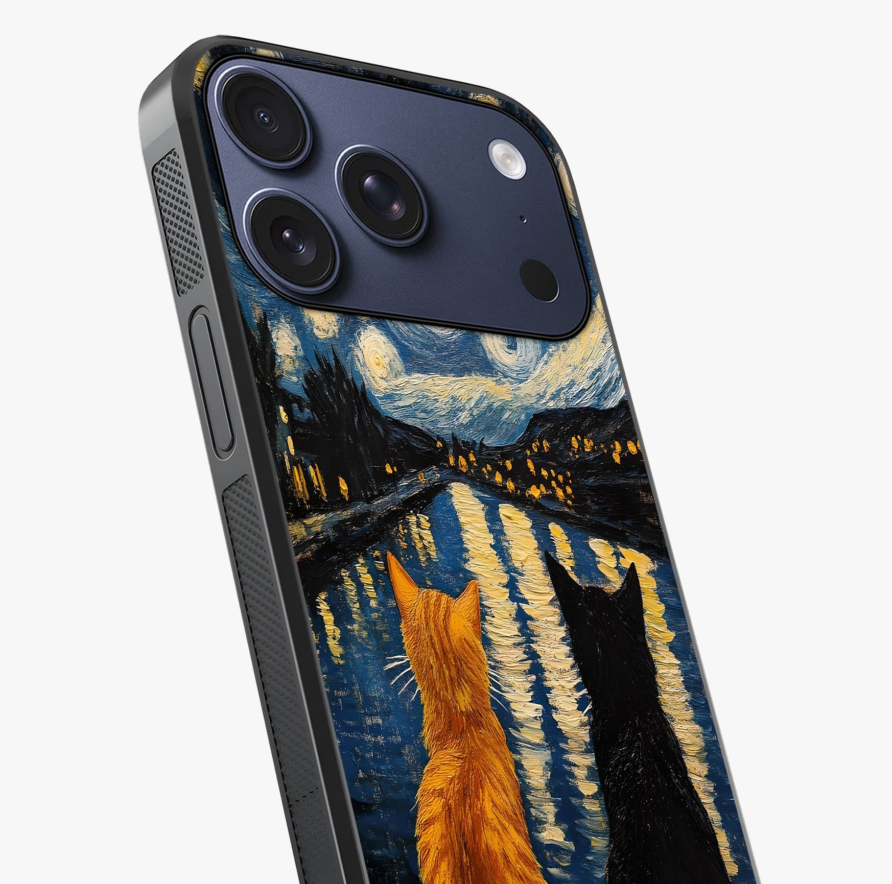 Starry River Cats Glass Case captured at a warm angle highlighting gloss, texture and premium glass finish.