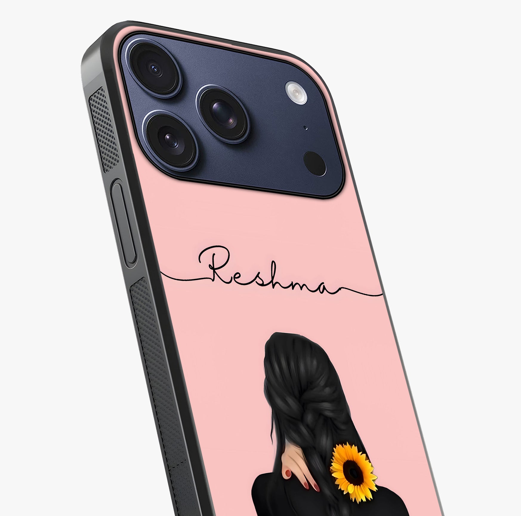 Sunflower Braid Beauty With Custom Name Glass Case captured at a warm angle highlighting gloss, texture and premium glass finish.