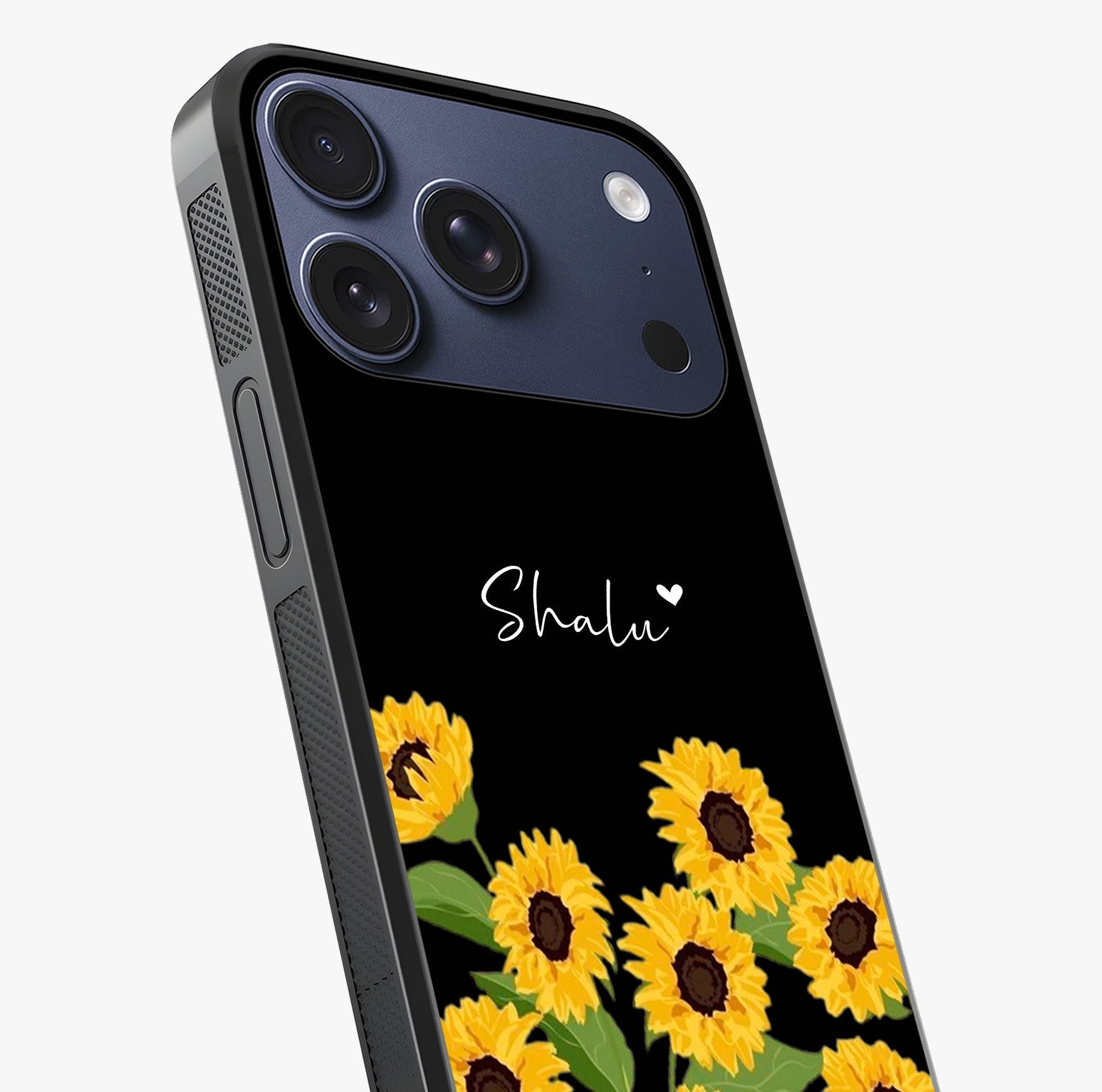 Sunflower Chic Mood Custom Name Glass Case captured at a warm angle highlighting gloss, texture and premium glass finish.