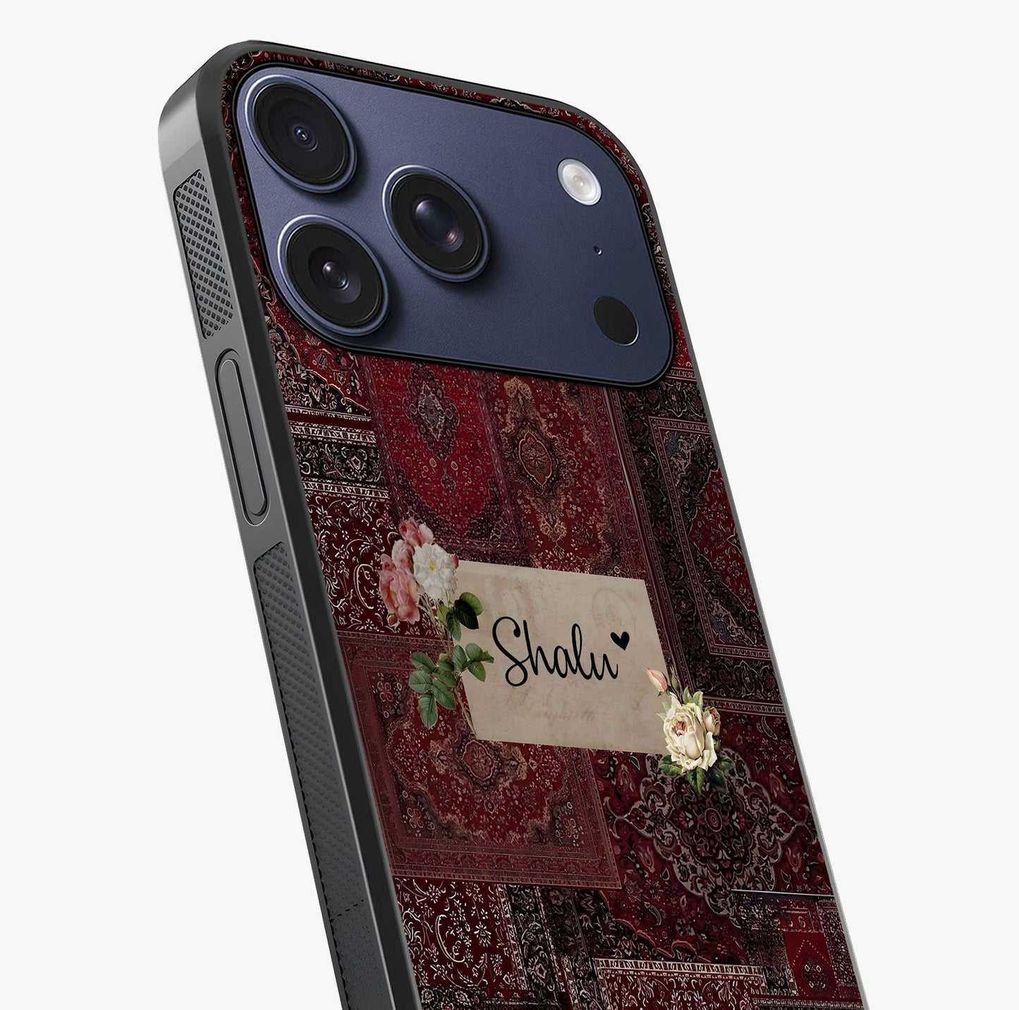 Velvet Wine Pattern Custom Name Glass Case captured at a warm angle highlighting gloss, texture and premium glass finish.
