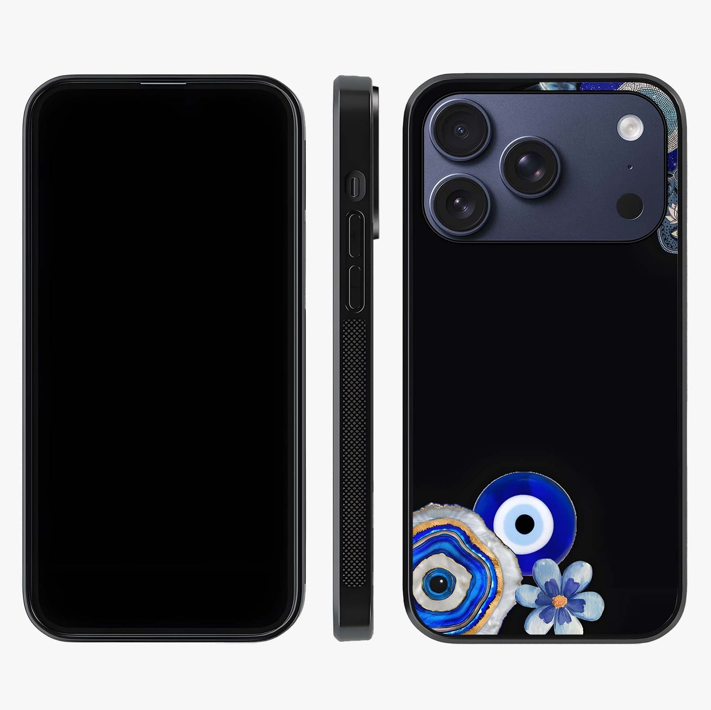 Aesthetic Blue Evil Eye Glass Case displayed upright for full design visibility and premium finish.