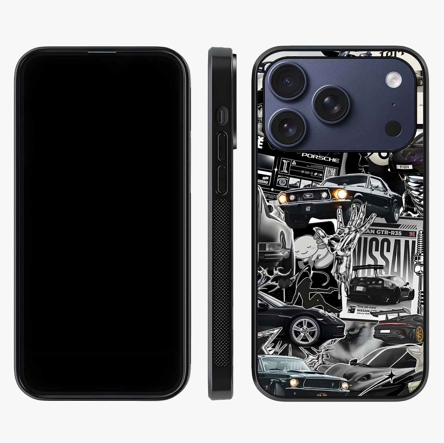 Aesthetic Dark Love Glass Case displayed upright for full design visibility and premium finish.