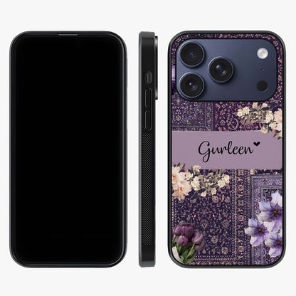 Antique Floral Whisper Custom Name Glass Case displayed upright for full design visibility and premium finish.