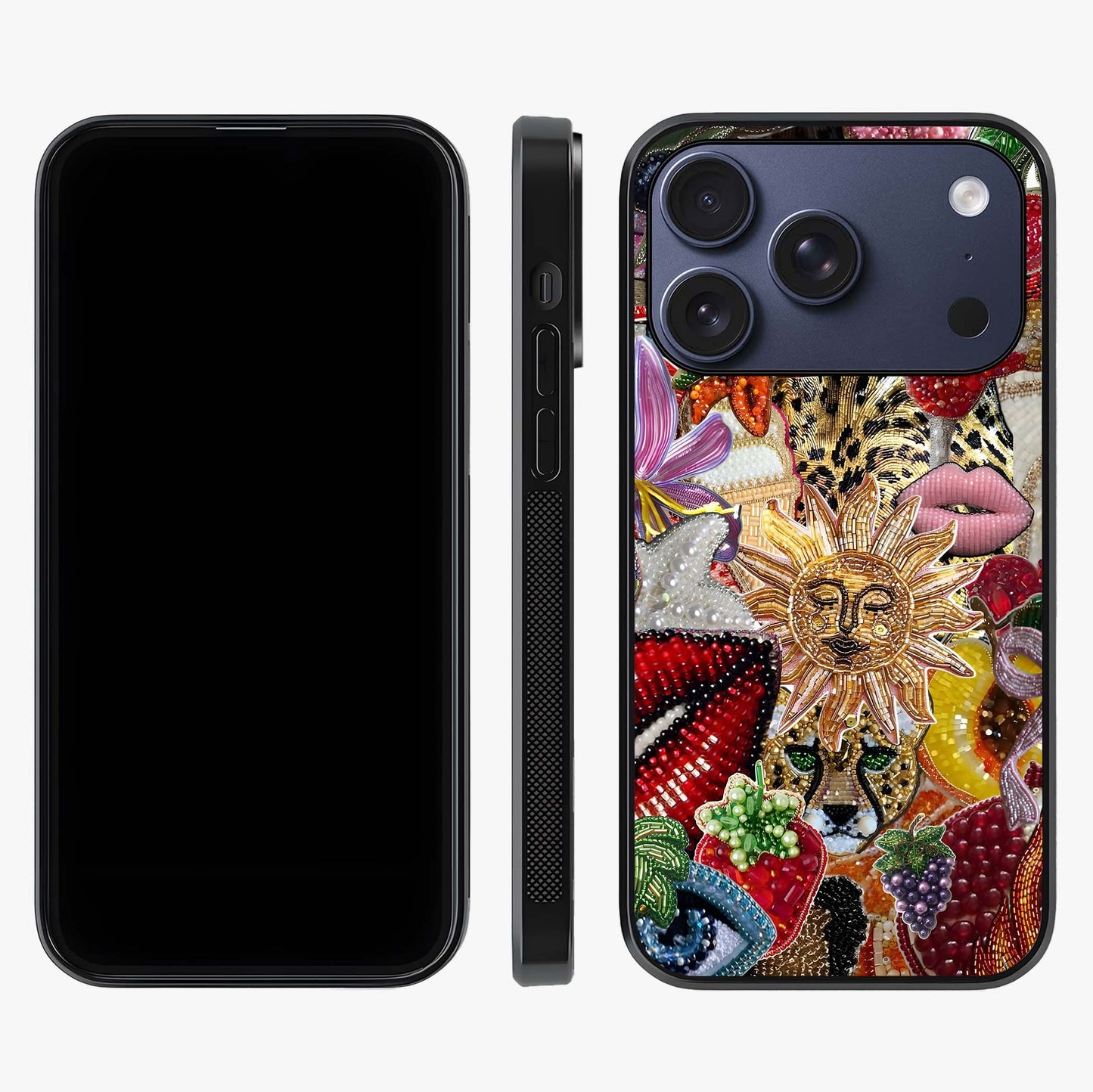 Beaded Fashion Jungle Glass Case displayed upright for full design visibility and premium finish.