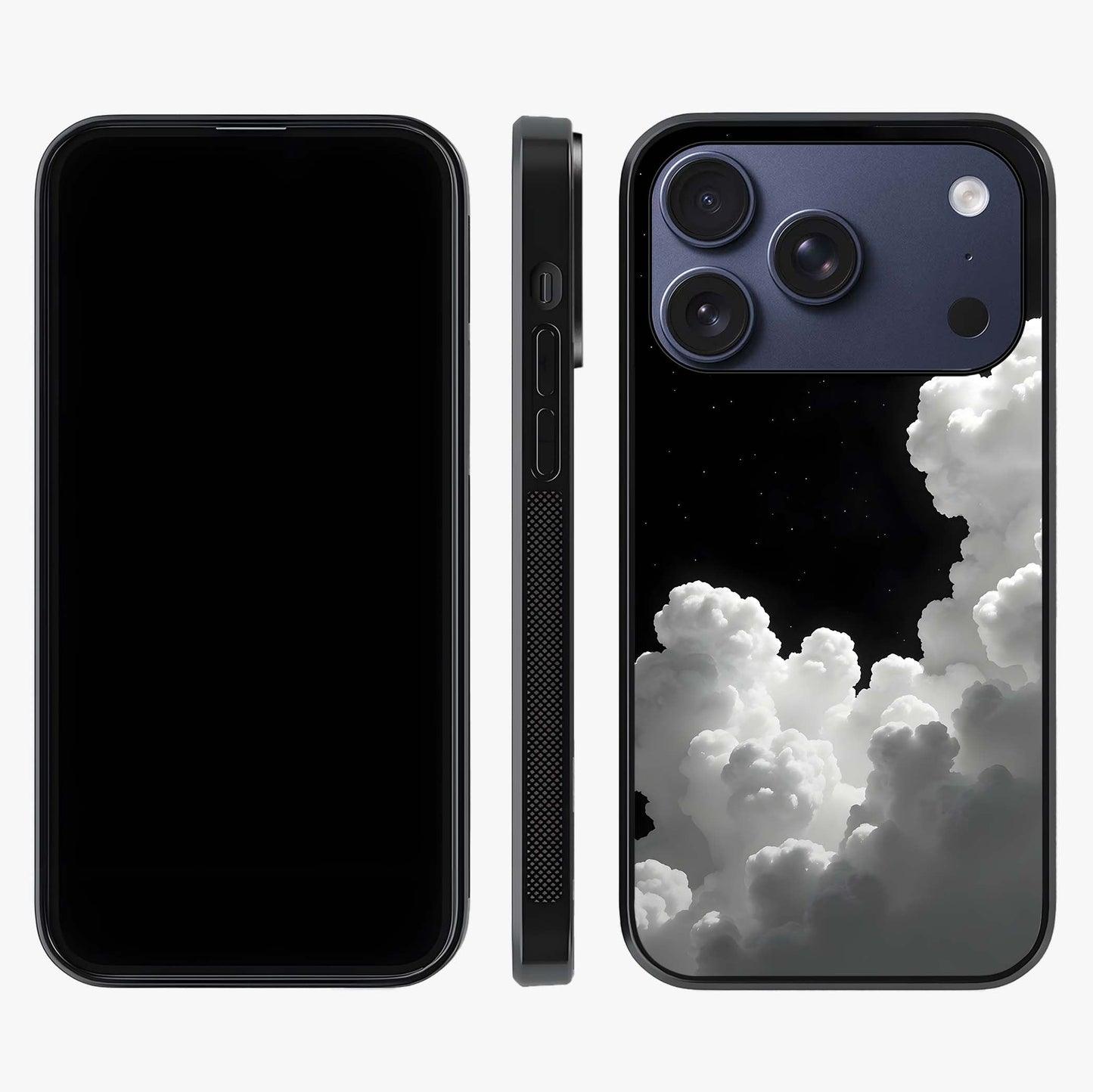 Black Background With White Cloud Glass Case displayed upright for full design visibility and premium finish.