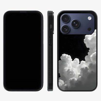 Black Background With White Cloud Glass Case displayed upright for full design visibility and premium finish.