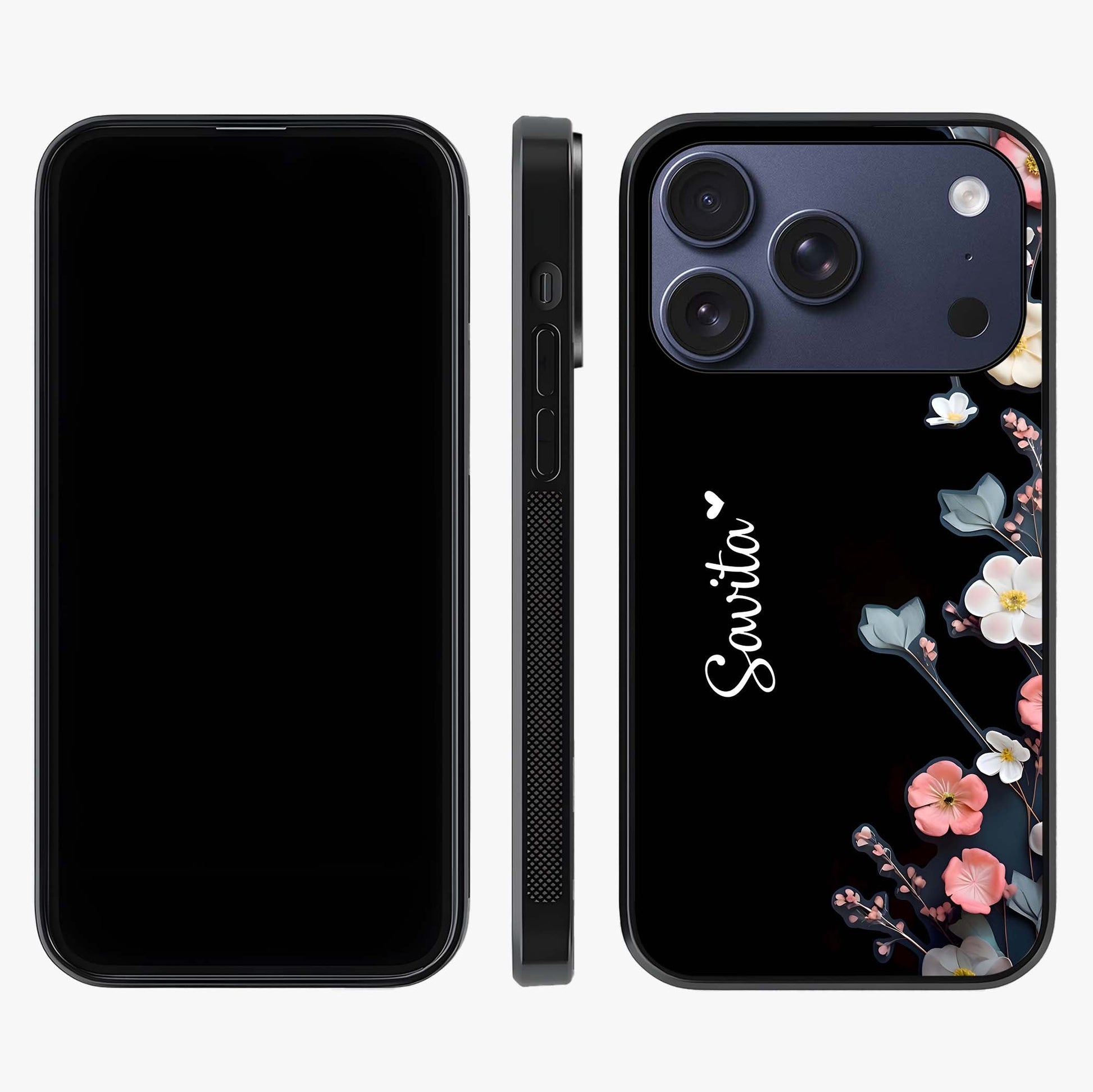 Black Elegance Floral Custom Name Glass Case displayed upright for full design visibility and premium finish.