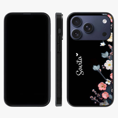 Black Elegance Floral Custom Name Glass Case displayed upright for full design visibility and premium finish.