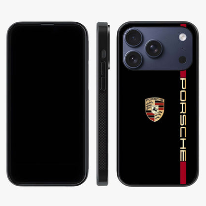 Black Minimal Porsche Glass Case displayed upright for full design visibility and premium finish.