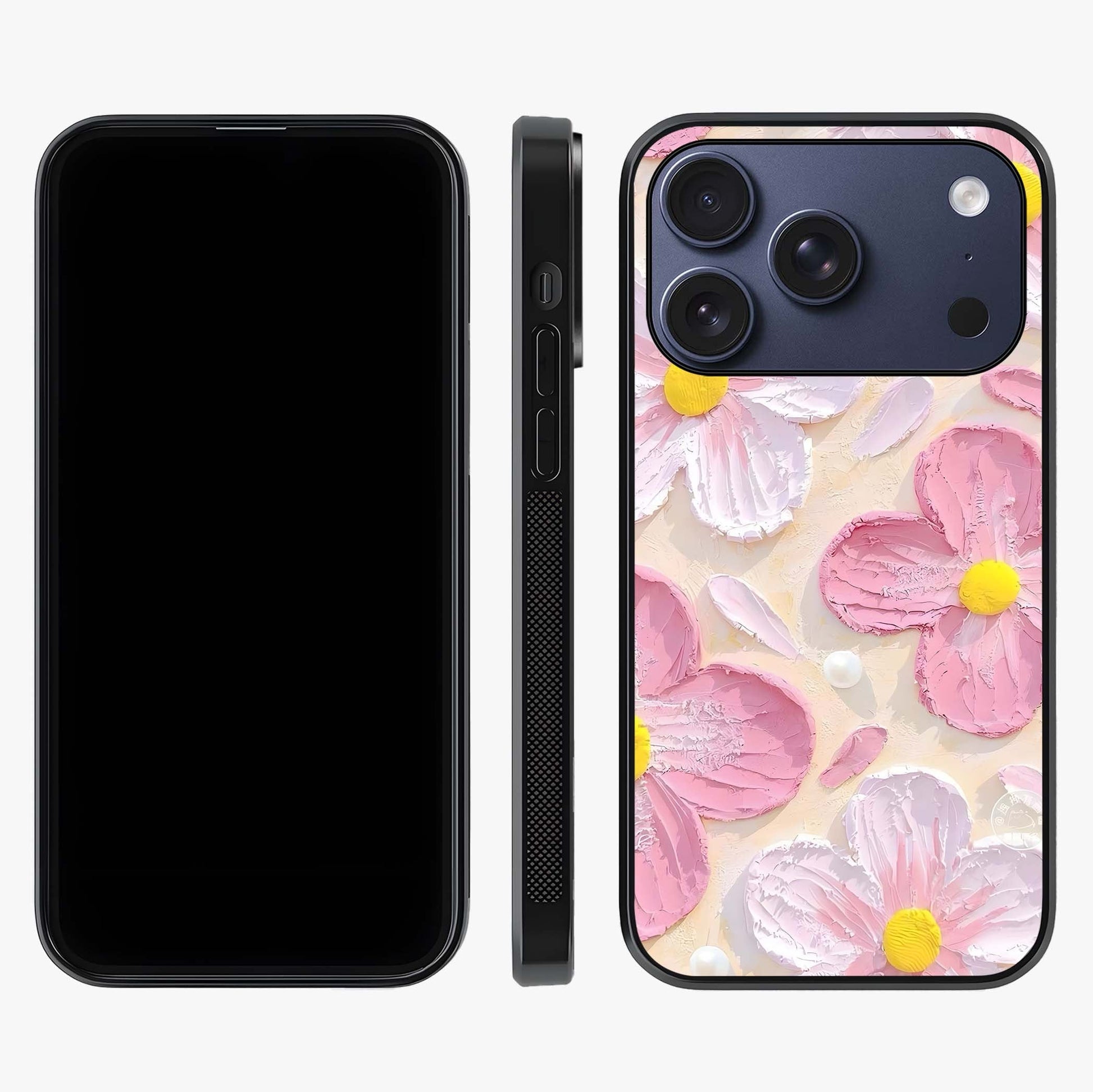 Blush Bloom Texture Glass Case displayed upright for full design visibility and premium finish.
