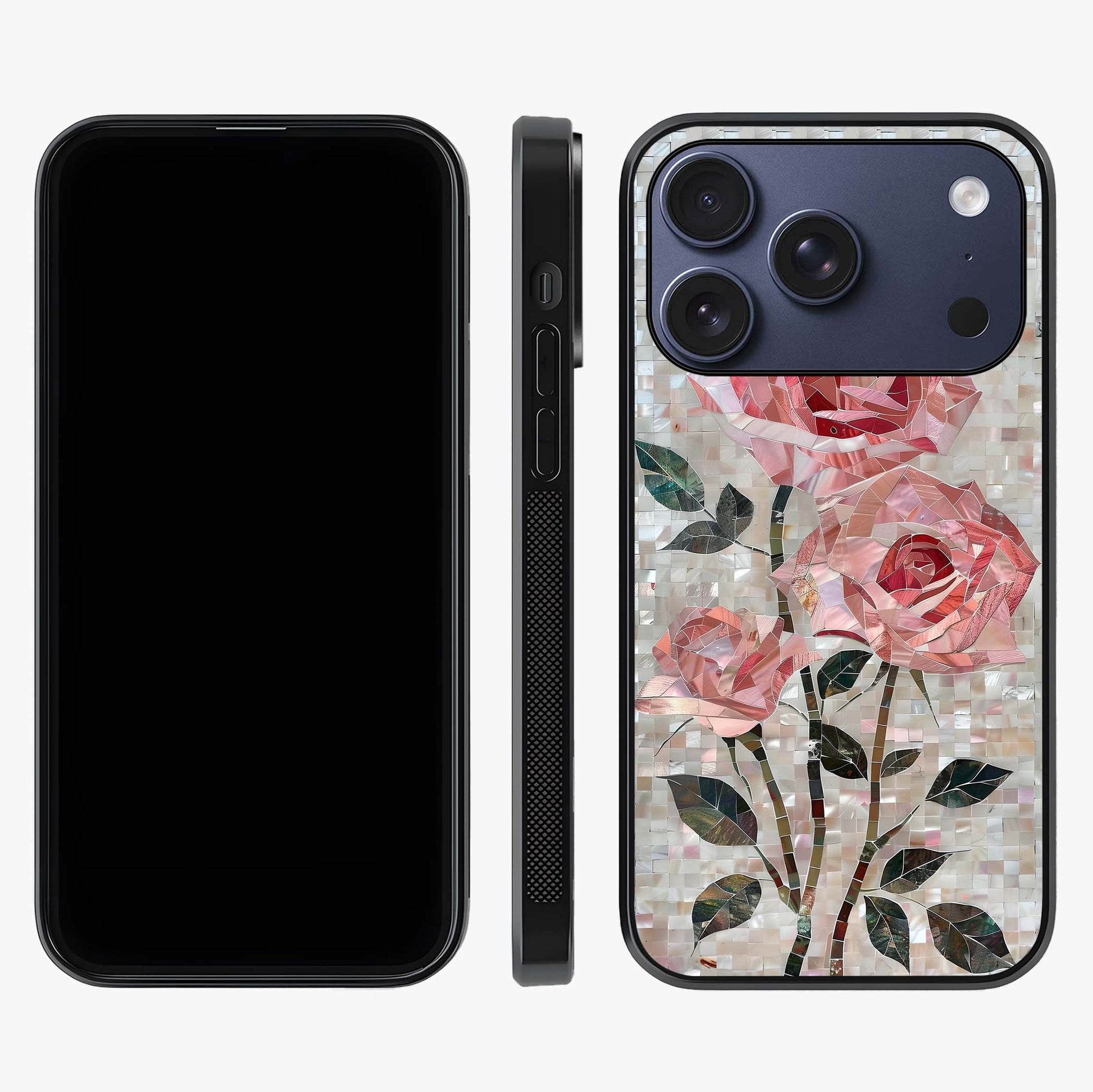 Blush Mosaic Bloom Glass Case displayed upright for full design visibility and premium finish.