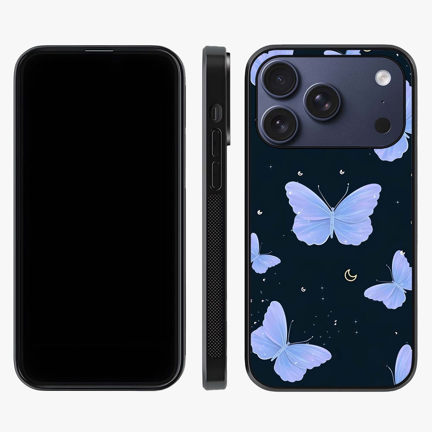 Butterfly With Stars Pattern Glass Case displayed upright for full design visibility and premium finish.