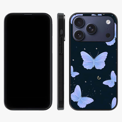 Butterfly With Stars Pattern Glass Case displayed upright for full design visibility and premium finish.