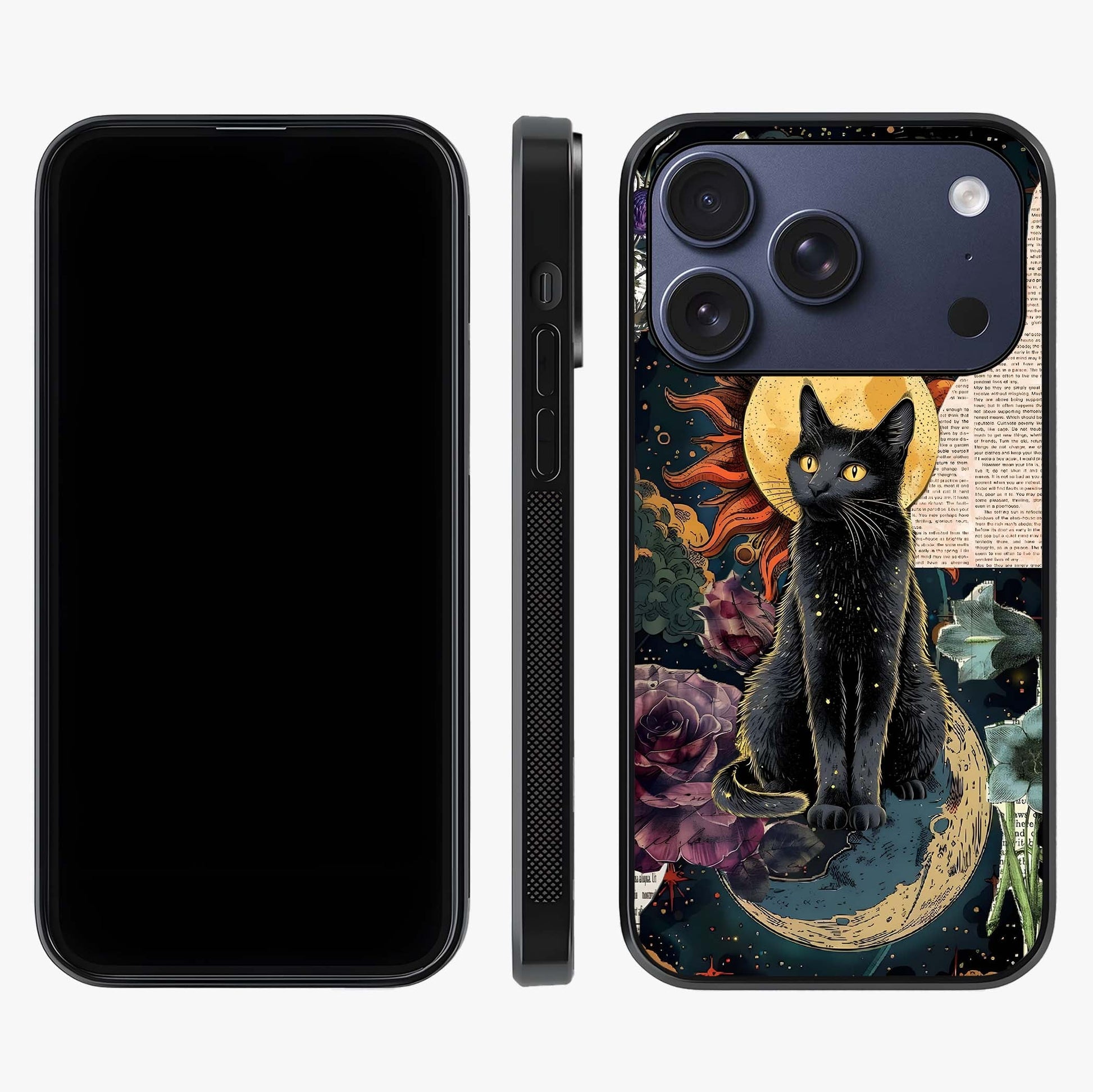 Celestial Black Cat Glass Case displayed upright for full design visibility and premium finish.