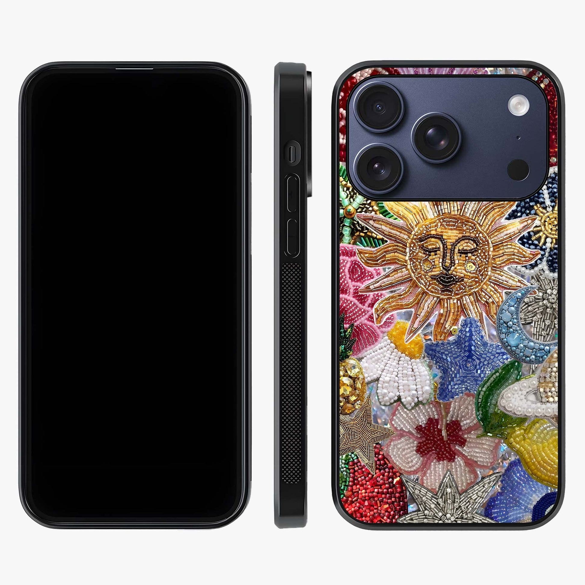 Celestial Floral And Playful Glass Case displayed upright for full design visibility and premium finish.