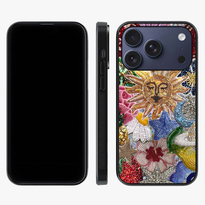 Celestial Floral And Playful Glass Case displayed upright for full design visibility and premium finish.