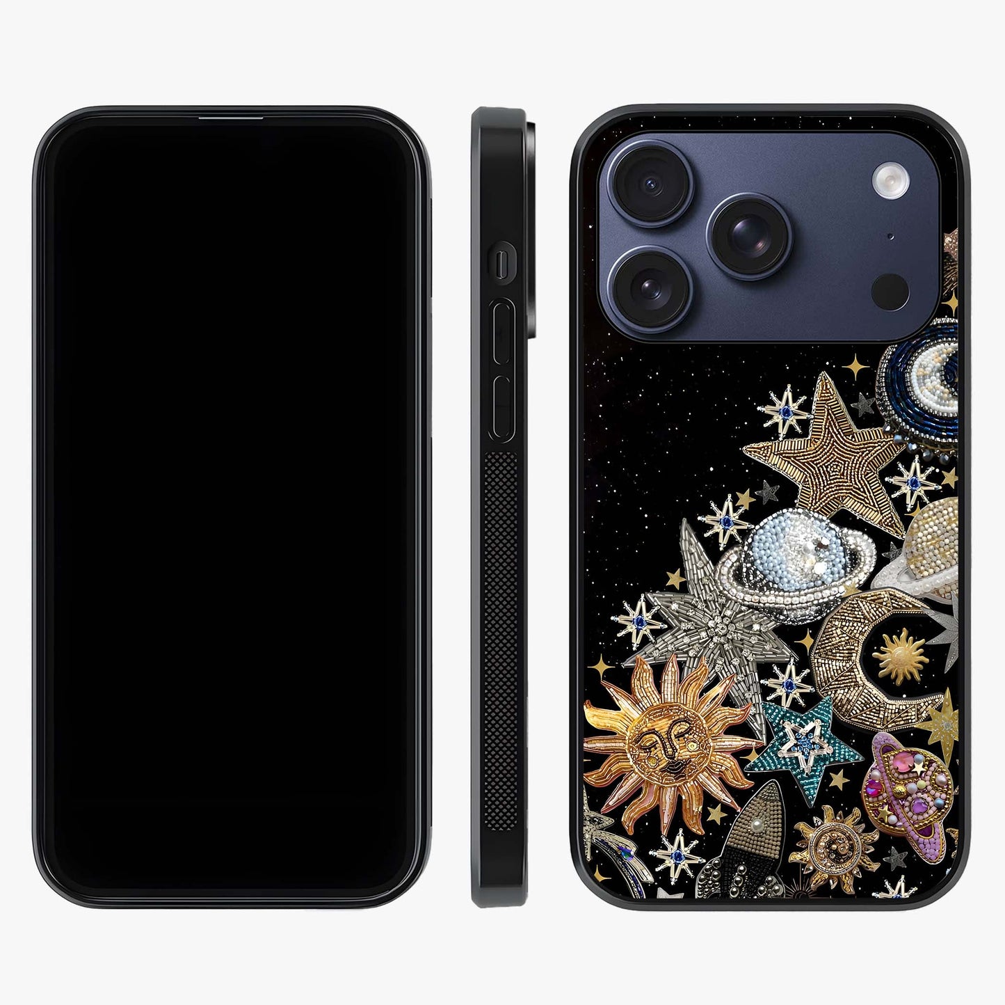 Cosmic Sparkle Dreams Glass Case displayed upright for full design visibility and premium finish.