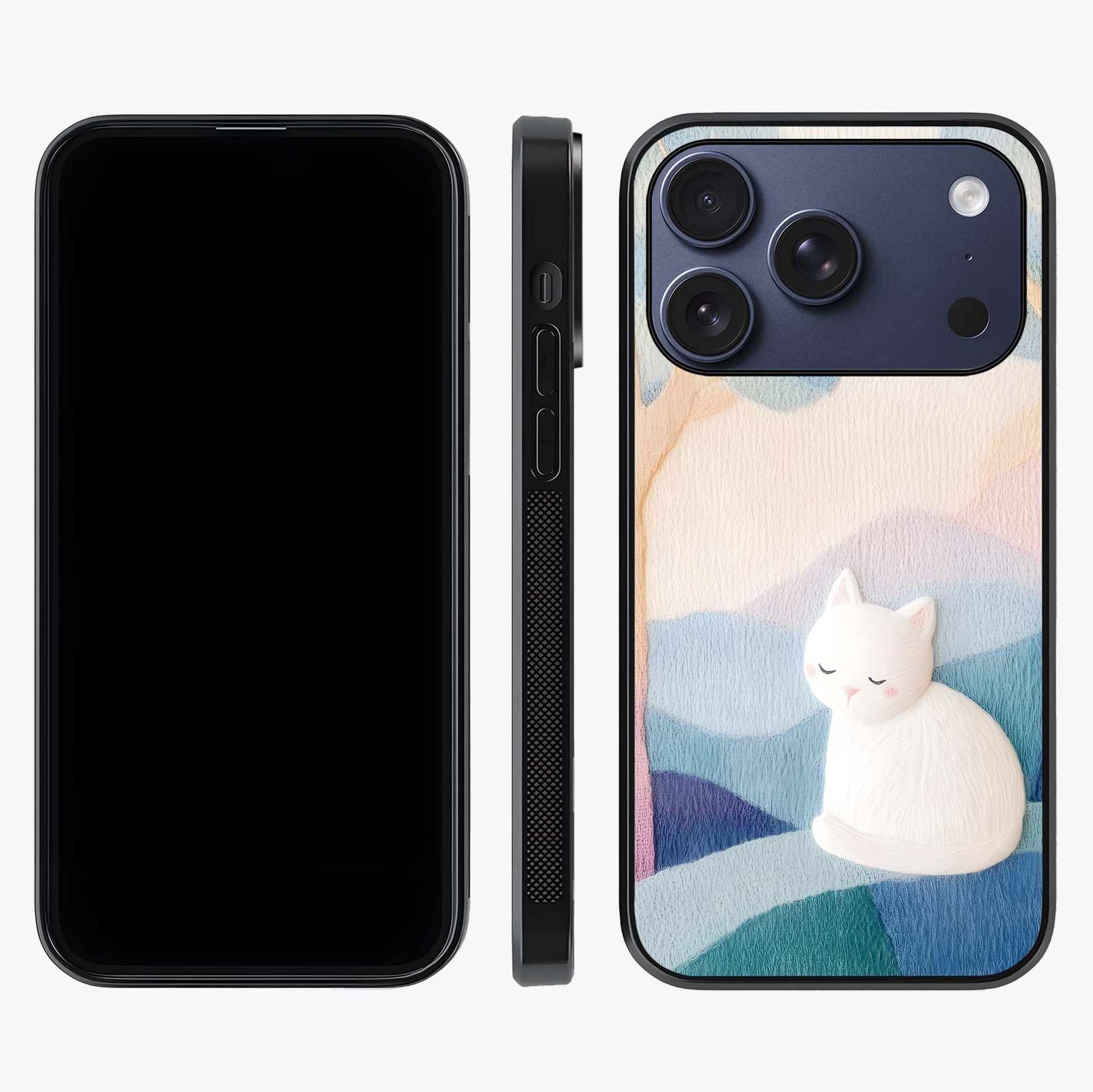 Cotton Dream Cat Glass Case displayed upright for full design visibility and premium finish.