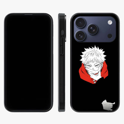 Crimson Chaos Smile Glass Case displayed upright for full design visibility and premium finish.