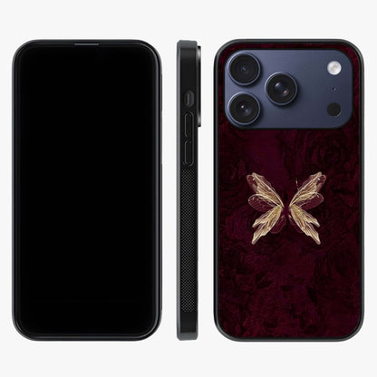 Crimson Fade Butterfly Glass Case displayed upright for full design visibility and premium finish.