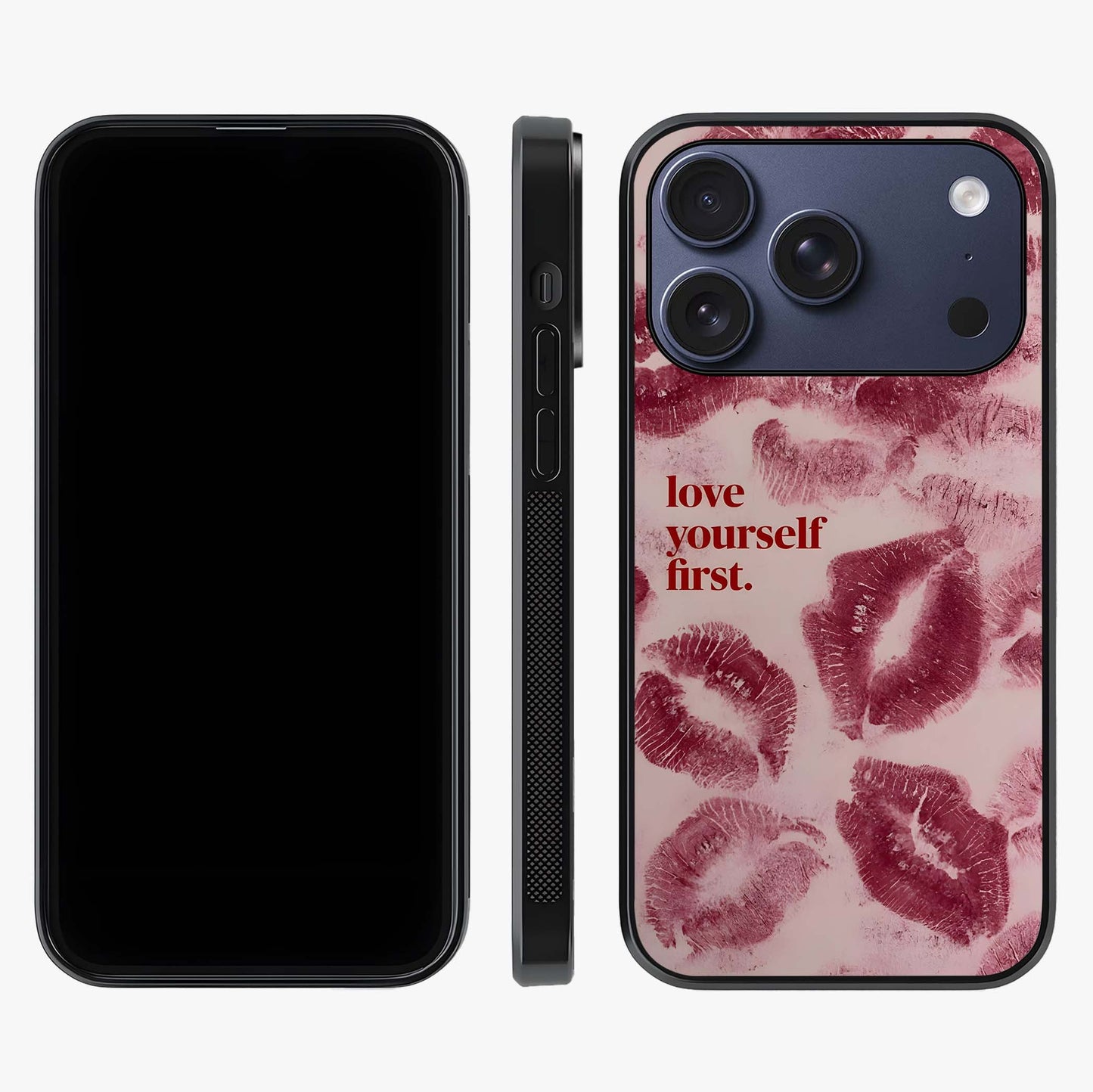 Crimson Kiss Love Glass Case displayed upright for full design visibility and premium finish.