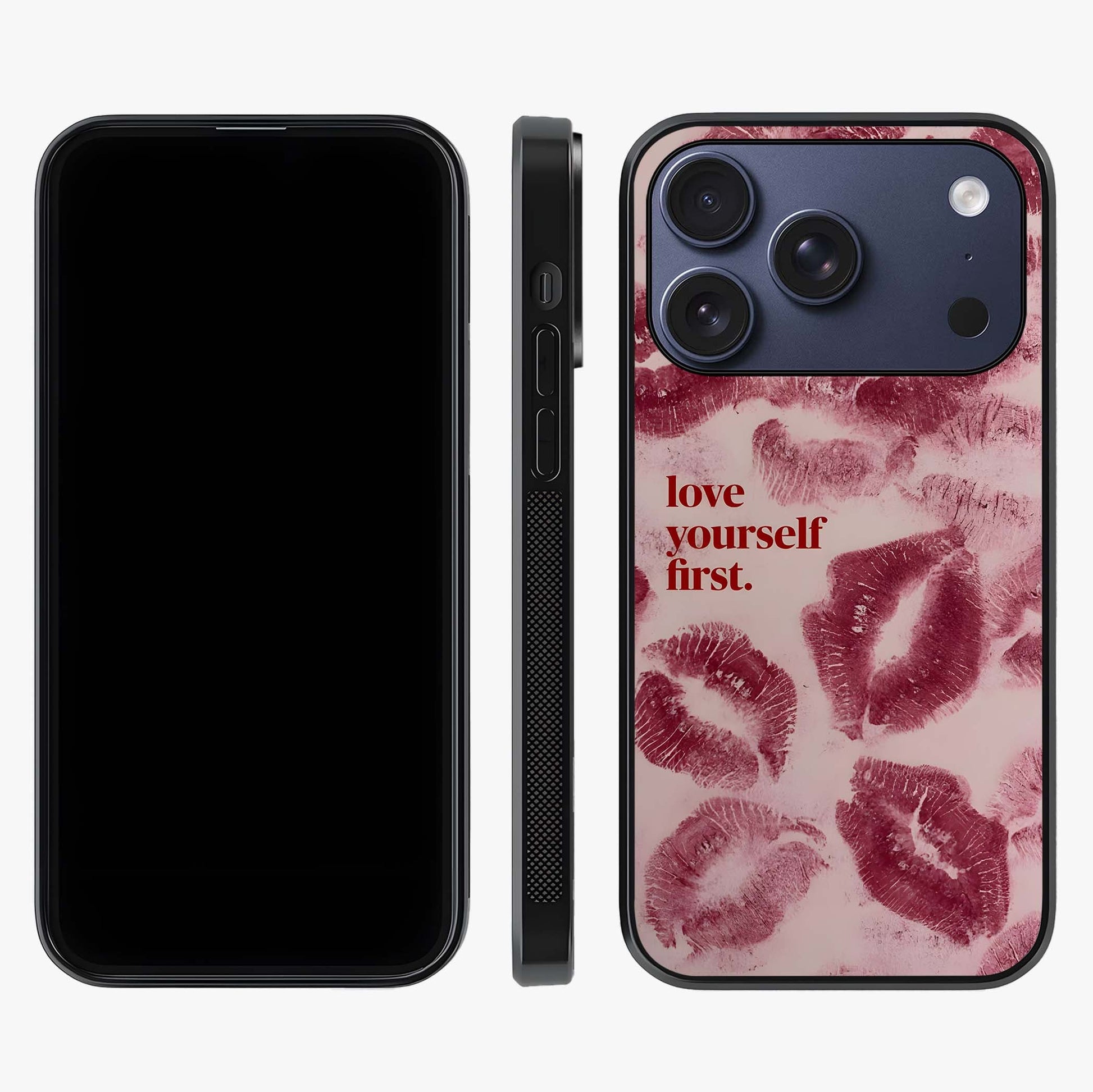 Crimson Kiss Love Glass Case displayed upright for full design visibility and premium finish.